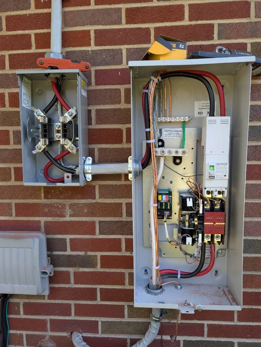 Meter socket and automatic transfer switch installed by VECA on a brick wall